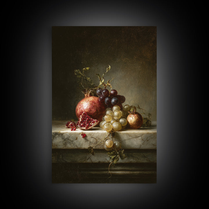 Pomegranate and Grapes on Marble Ledge Canvas Print, Renaissanceinspired Art, Statement Artwork, Living Room Decor, Classic, REN-2x3-49