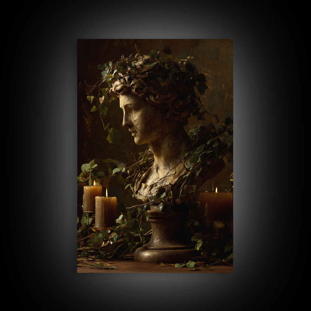 Classical Statue Bust Covered Framed Canvas Print, Renaissanceinspired Art, Floral Print, Living Room Decor, Oil Painting, REN-2x3-51