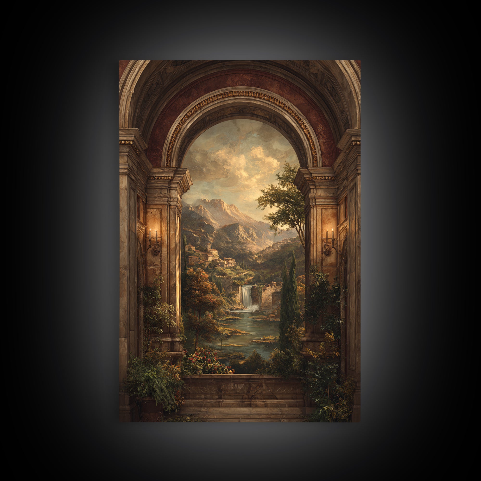 Architectural Arch with Italian Landscape Beyond Canvas Print, Renaissanceinspired Art, Floral Painting, Living Room Decor, REN-2x3-67
