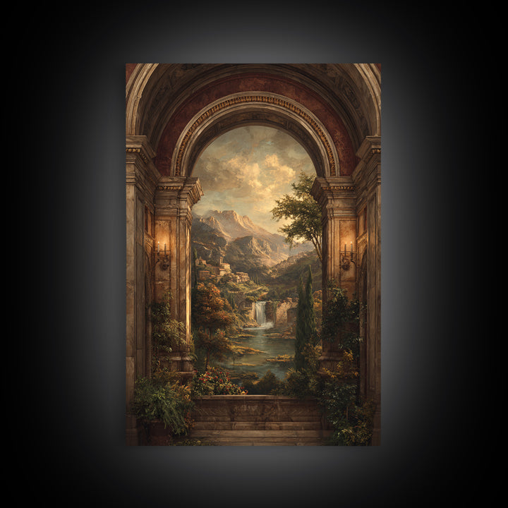Architectural Arch with Italian Landscape Beyond Canvas Print, Renaissanceinspired Art, Floral Painting, Living Room Decor, REN-2x3-67