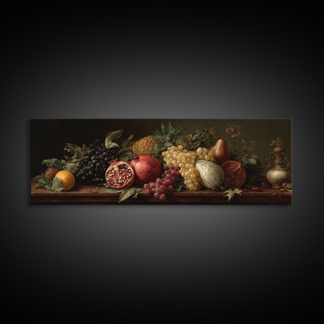 Oil Painted Fruit Still Life on Dark Canvas Print, Renaissanceinspired Art, Elegant Home Decor, Living Room Decor, Classic, REN-3x1-19