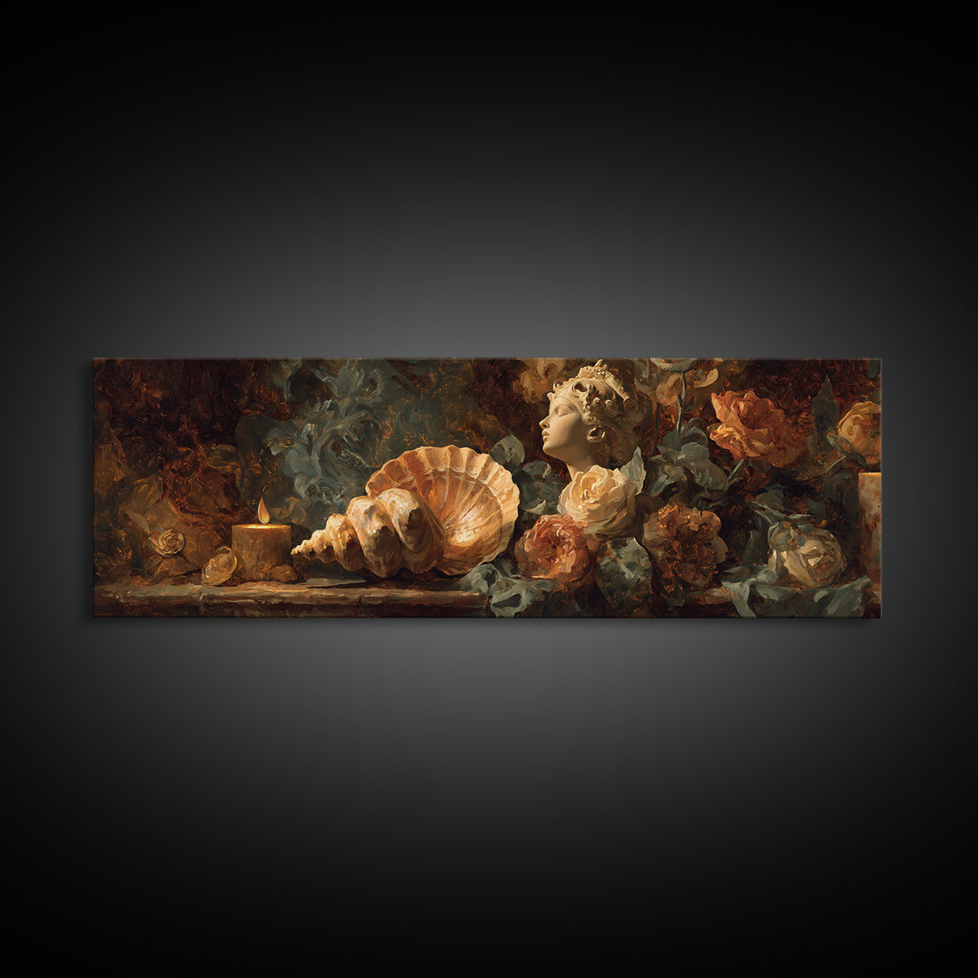 Venus Inspired Figure with Seashell and Roses Canvas Print, Renaissanceinspired Art, Romantic Art, Living Room Decor, Classic, REN-3x1-20