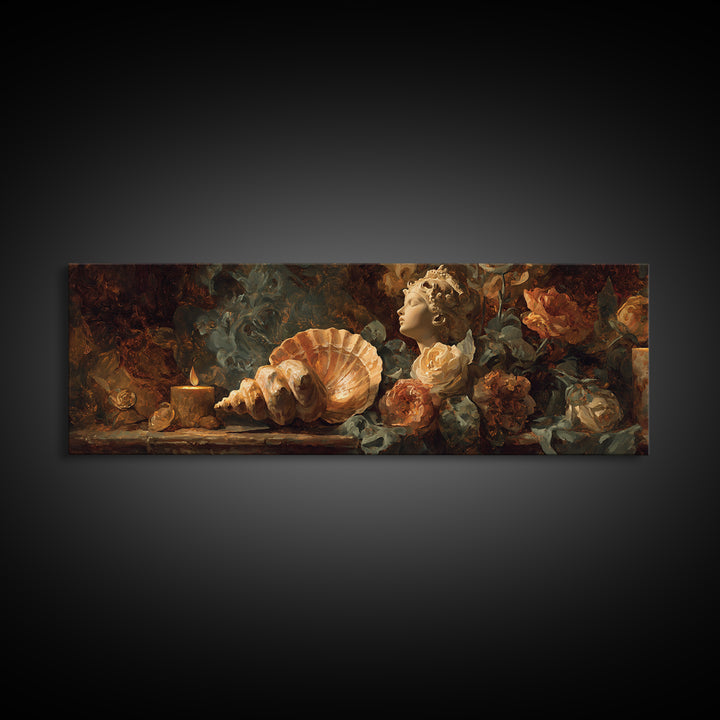 Venus Inspired Figure with Seashell and Roses Canvas Print, Renaissanceinspired Art, Romantic Art, Living Room Decor, Classic, REN-3x1-20