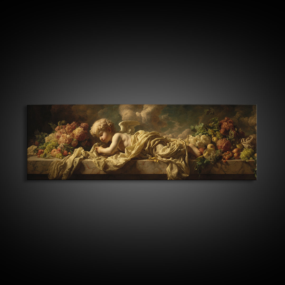 Cherub Holding a Ribbon Among Clouds Canvas Print, Renaissanceinspired Art, Elegant Home Decor, Living Room Decor, Abstract Art, REN-3x1-22