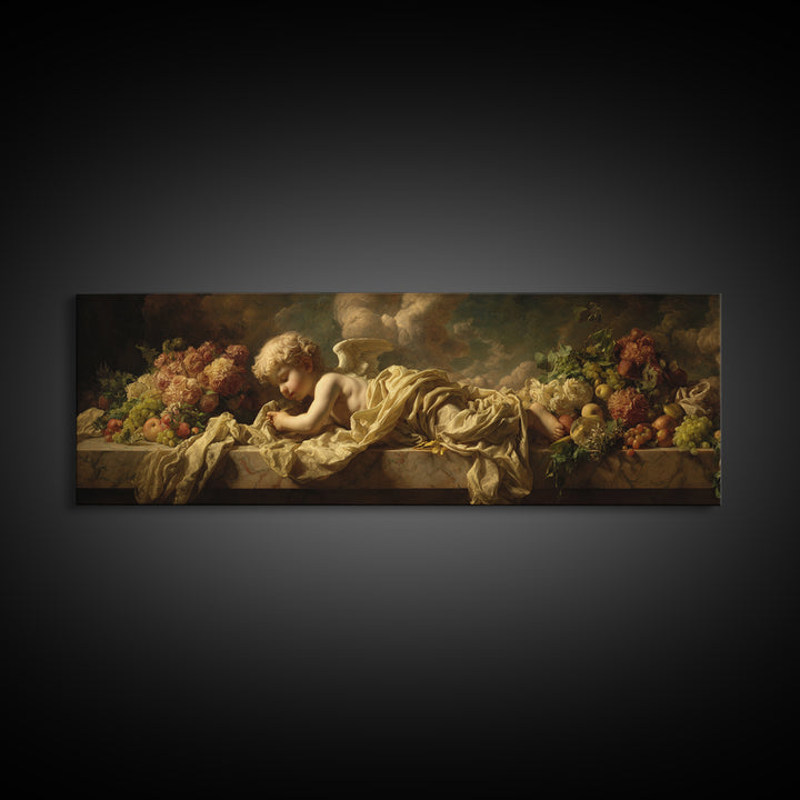 Cherub Holding a Ribbon Among Clouds Canvas Print, Renaissanceinspired Art, Elegant Home Decor, Living Room Decor, Abstract Art, REN-3x1-22