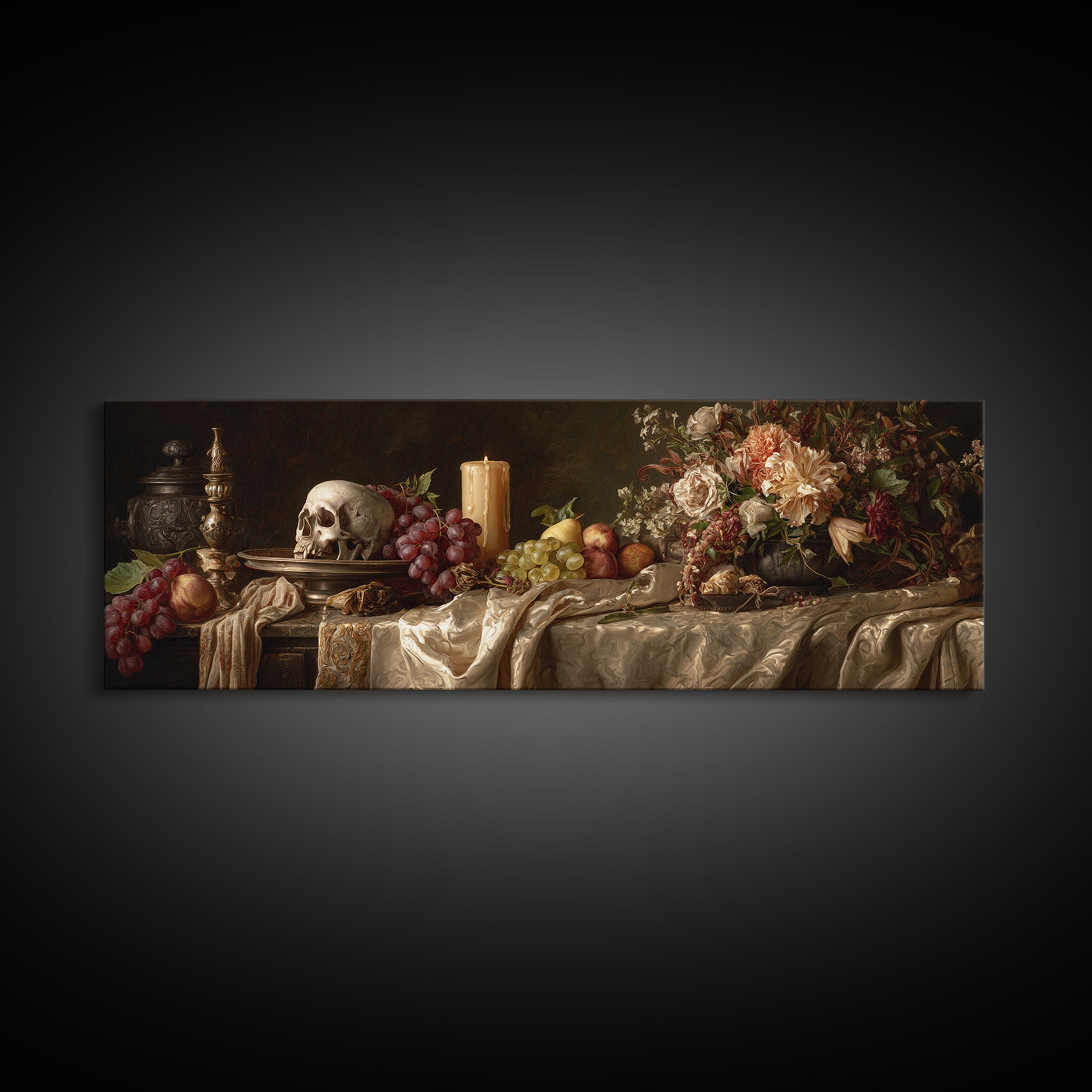 Old Master Skull and Candle Still Life Canvas Print, Renaissanceinspired Art, Digital Art, Living Room Decor, Watercolor Art, REN-3x1-26