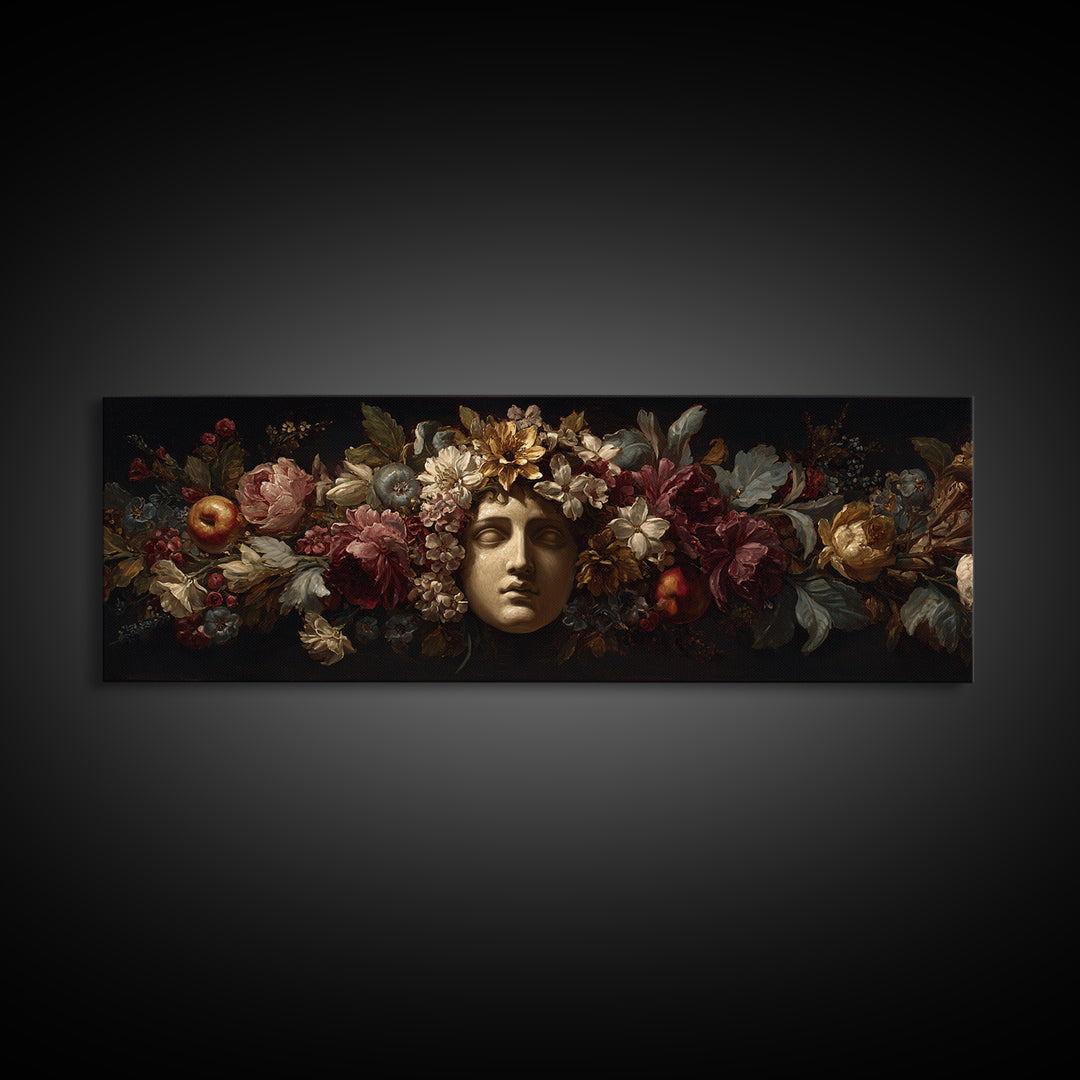 Floral Garland Surrounding a Classical Profile Canvas Print, Renaissanceinspired Art, Painting from Photo, Living Room Decor, REN-3x1-62