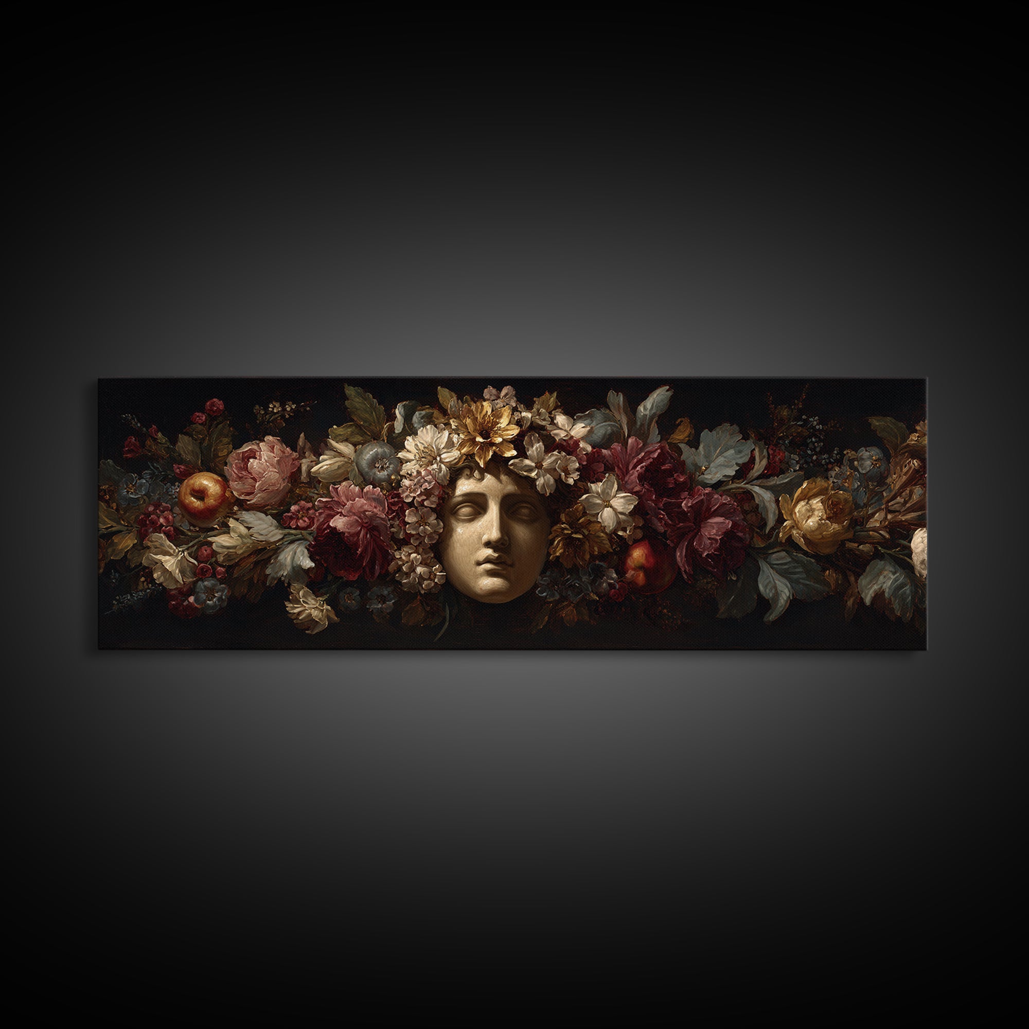 Floral Garland Surrounding a Classical Profile Canvas Print, Renaissanceinspired Art, Painting from Photo, Living Room Decor, REN-3x1-62