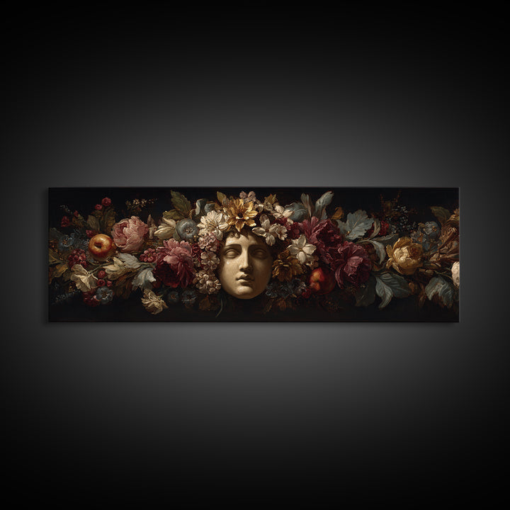 Floral Garland Surrounding a Classical Profile Canvas Print, Renaissanceinspired Art, Painting from Photo, Living Room Decor, REN-3x1-62