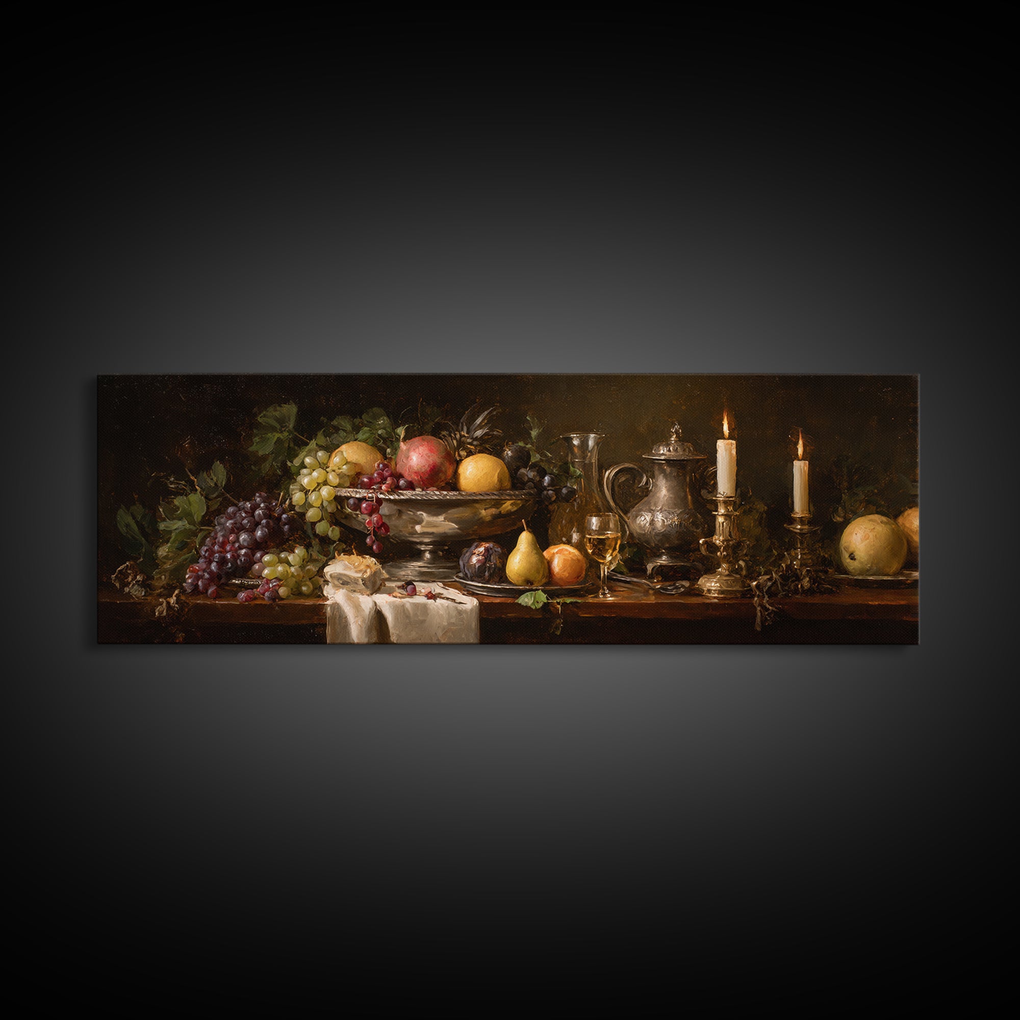 Oil Painted Fruit Still Life on Dark Framed Canvas Print, Renaissanceinspired Art, Wall Art, Living Room Decor, Abstract Art, REN-3x1-67