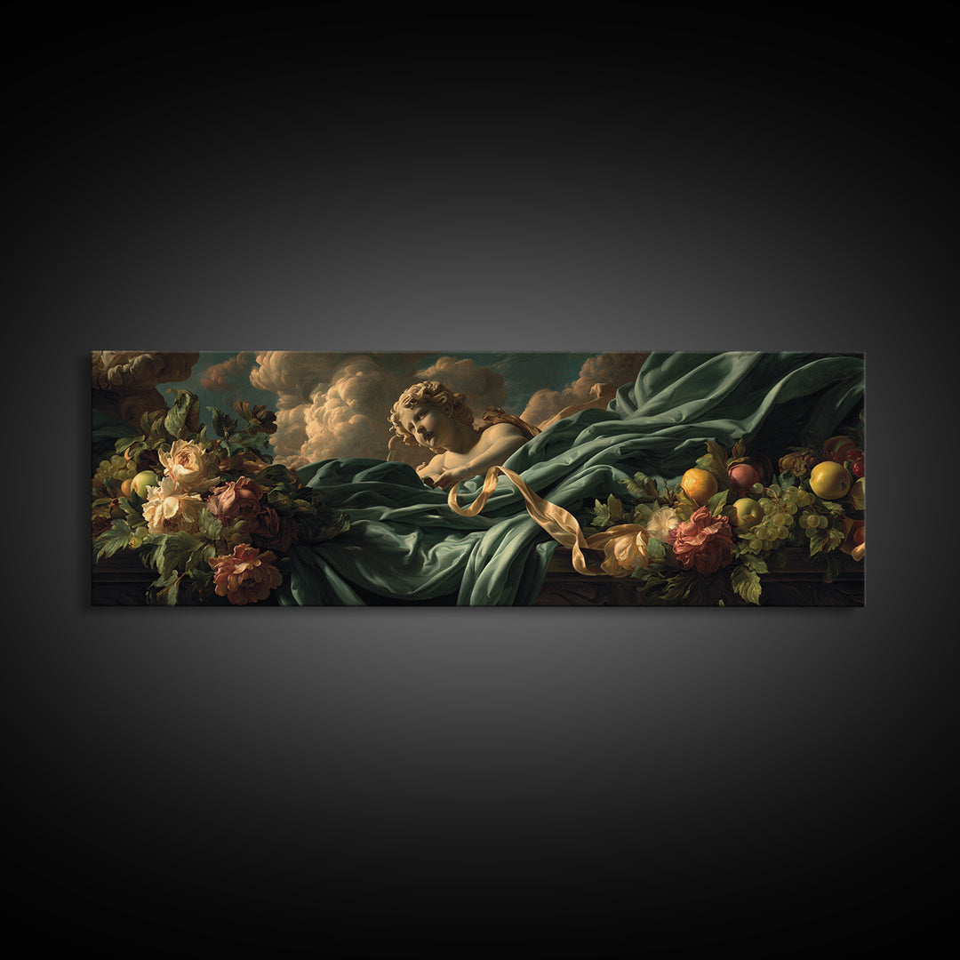 Cherub Holding a Ribbon Among Clouds Canvas Print, Renaissanceinspired Art, Elegant Home Decor, Living Room Decor, Oil Painting, REN-3x1-70