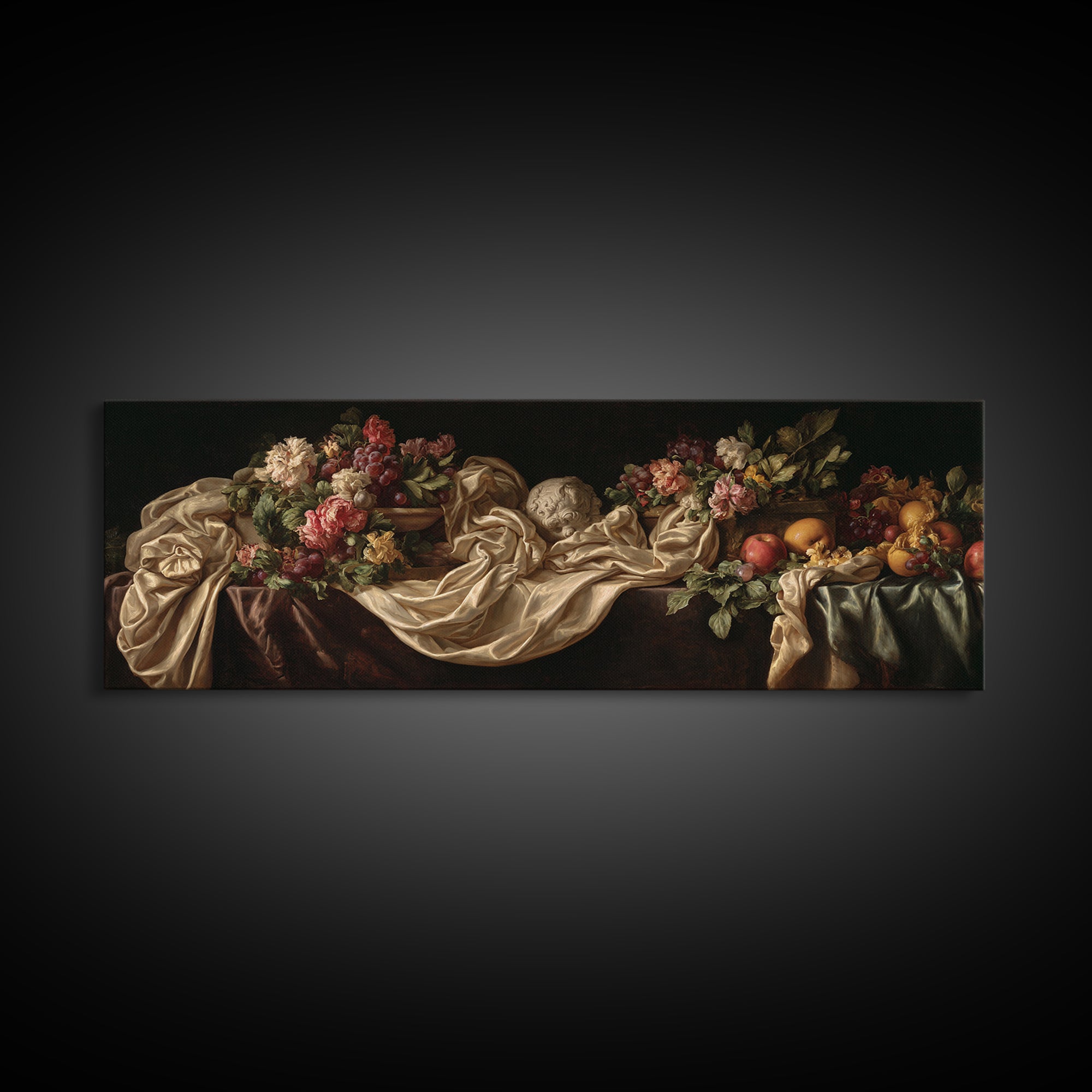 Floral Garland Surrounding a Classical Profile Canvas Print, Renaissanceinspired Art, Minimalist Decor, Living Room Decor, REN-3x1-86