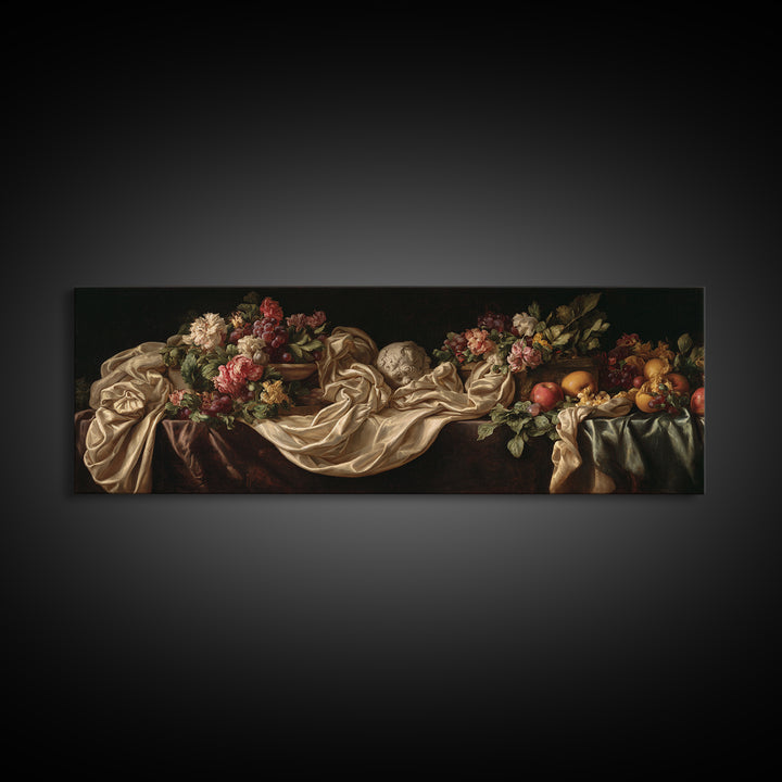 Floral Garland Surrounding a Classical Profile Canvas Print, Renaissanceinspired Art, Minimalist Decor, Living Room Decor, REN-3x1-86