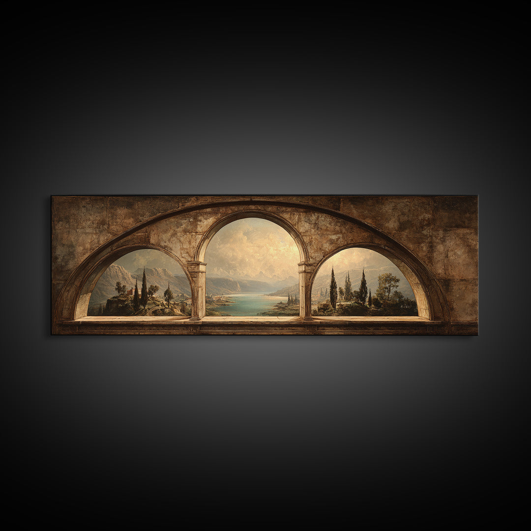Architectural Arch with Italian Landscape Beyond Canvas Print, Renaissanceinspired Art, Mosaic Wall Art, Living Room Decor, REN-3x1-99