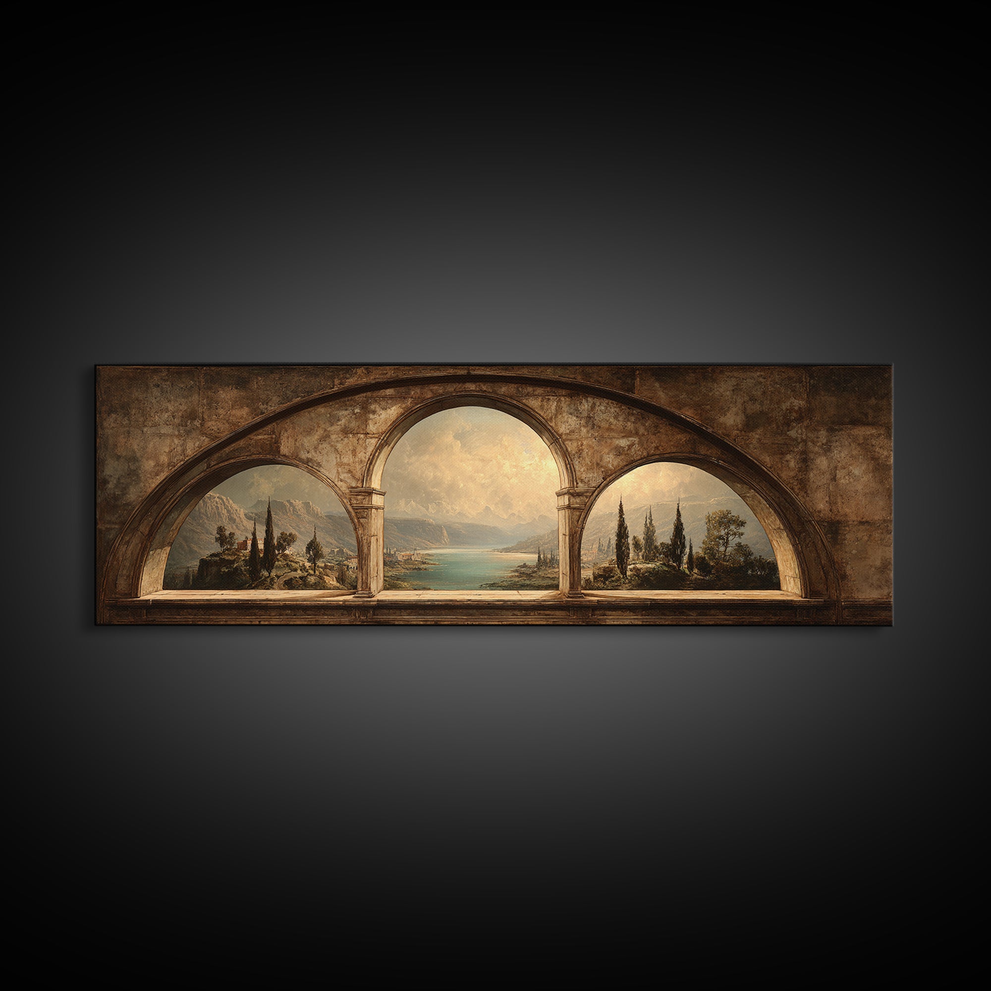 Architectural Arch with Italian Landscape Beyond Canvas Print, Renaissanceinspired Art, Mosaic Wall Art, Living Room Decor, REN-3x1-99