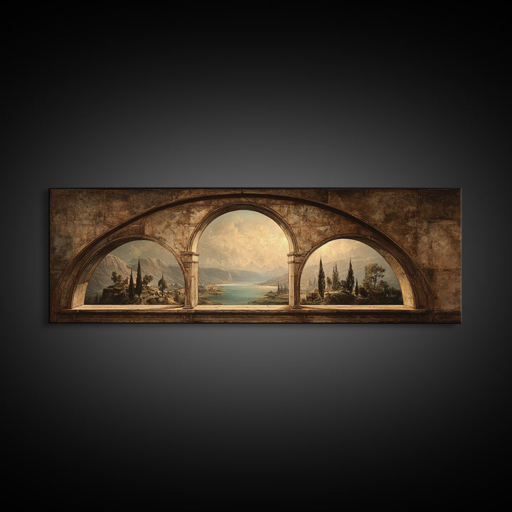 Architectural Arch with Italian Landscape Beyond Canvas Print, Renaissanceinspired Art, Mosaic Wall Art, Living Room Decor, REN-3x1-99