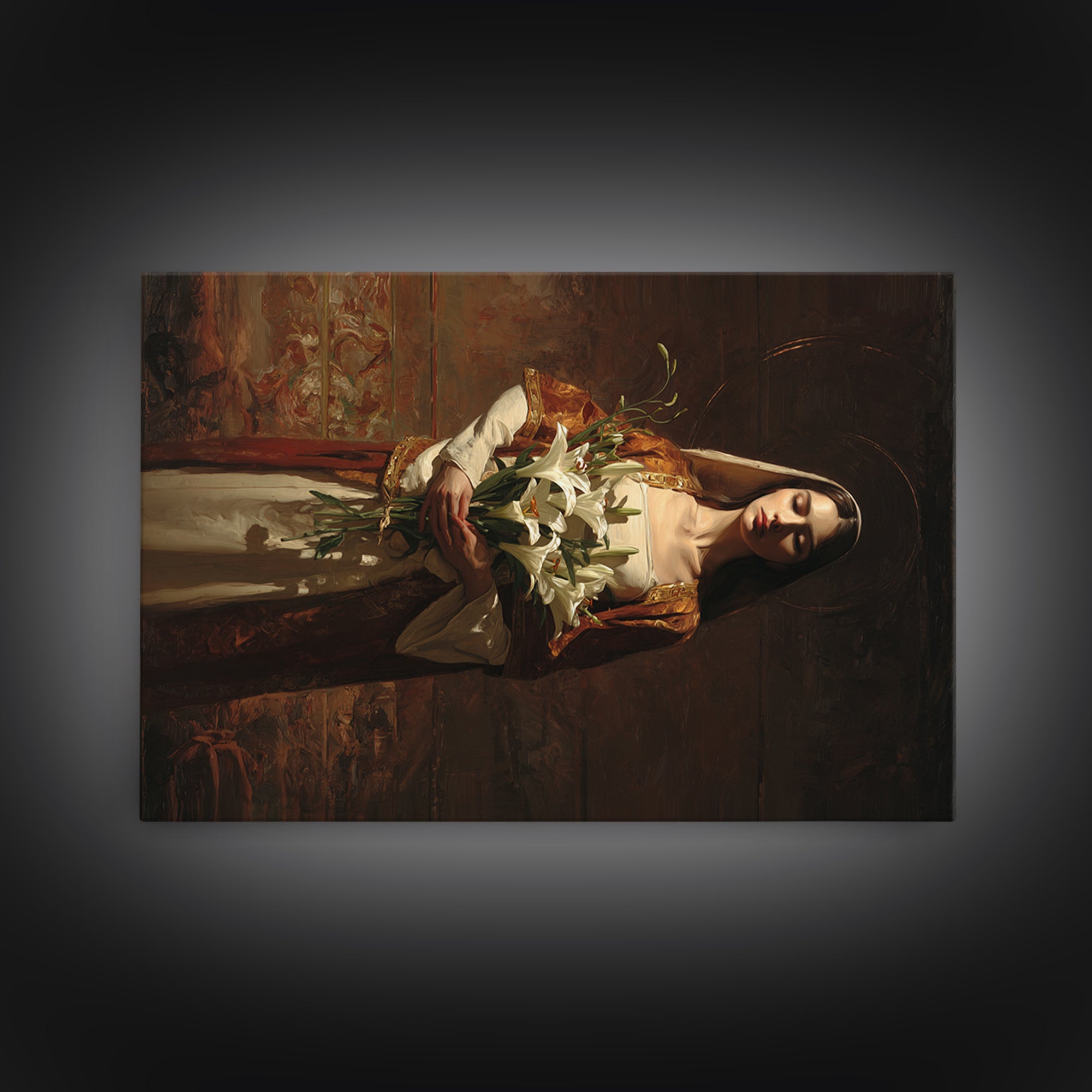 Saint Like Figure Holding White Lilies Canvas Print, Renaissanceinspired Art, Digital Art, Living Room Decor, Oil Painting, REN-3x2-17