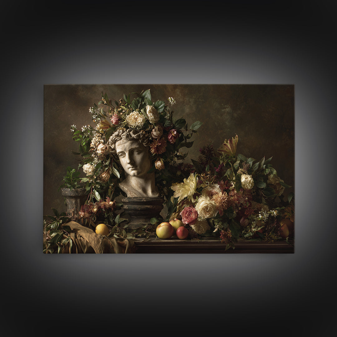 Floral Garland Surrounding a Classical Profile Canvas Print, Renaissanceinspired Art, Minimalist Decor, Living Room Decor, REN-3x2-26