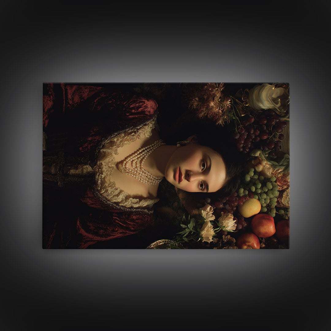 Portrait with Pearl Necklace and Velvet Dress Canvas Print, Renaissanceinspired Art, Wall Art, Living Room Decor, Classic, REN-3x2-40