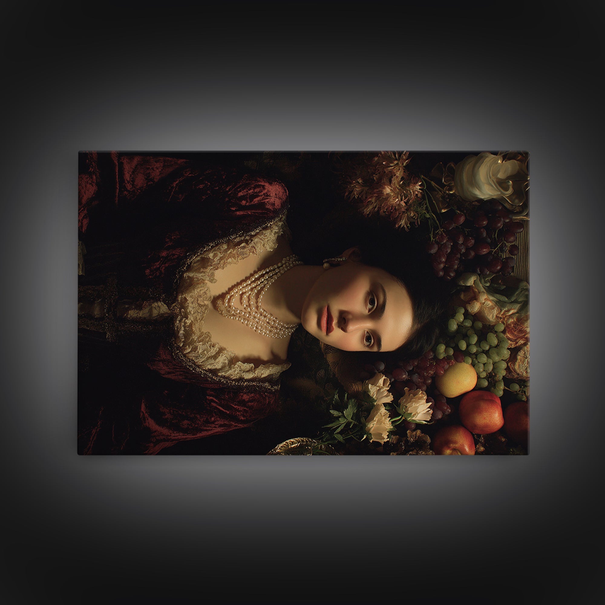 Portrait with Pearl Necklace and Velvet Dress Canvas Print, Renaissanceinspired Art, Wall Art, Living Room Decor, Classic, REN-3x2-40