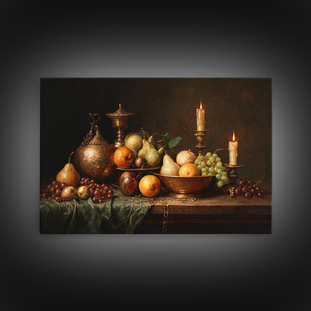 Oil Painted Fruit Still Life on Dark Canvas Print, Renaissanceinspired Art, Yoga Wall Art, Living Room Decor, Classic, REN-3x2-55