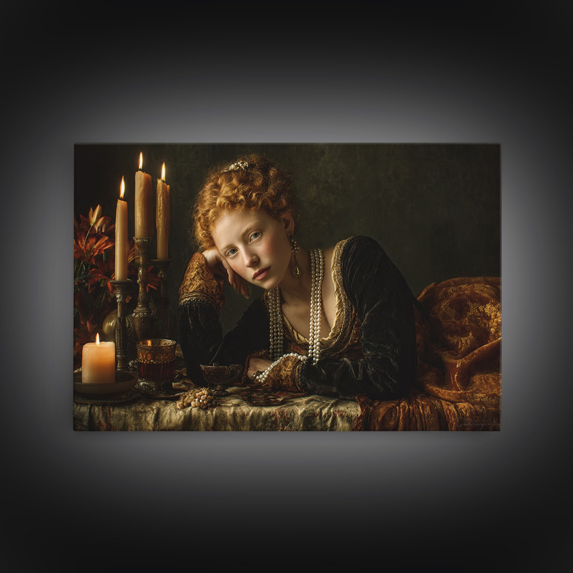 Portrait with Pearl Necklace and Velvet Dress Canvas Print, Renaissanceinspired Art, Cat Art, Living Room Decor, Classic, REN-3x2-64