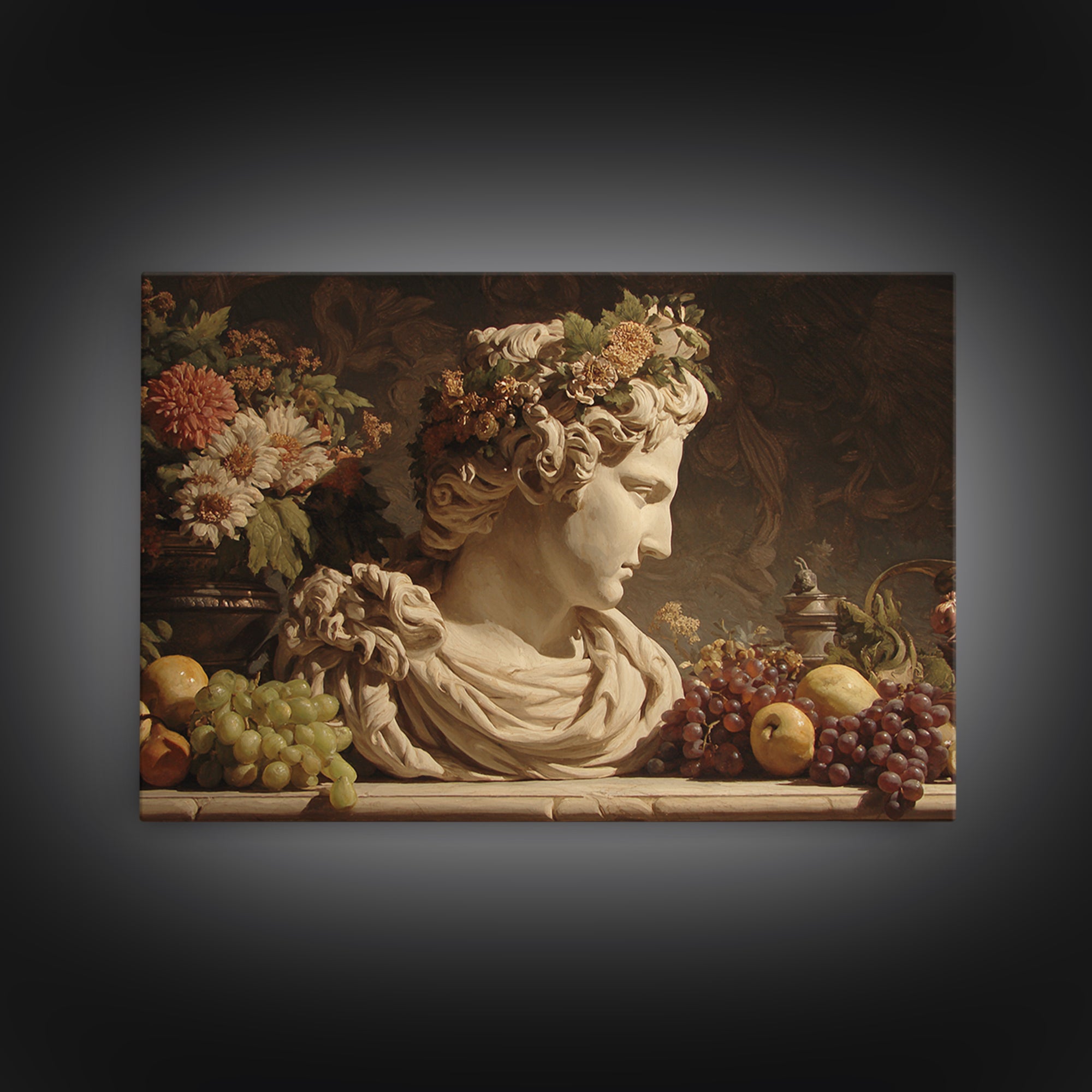 Floral Garland Surrounding a Classical Profile Canvas Print, Renaissanceinspired Art, Canvas Wall Art, Living Room Decor, REN-3x2-74