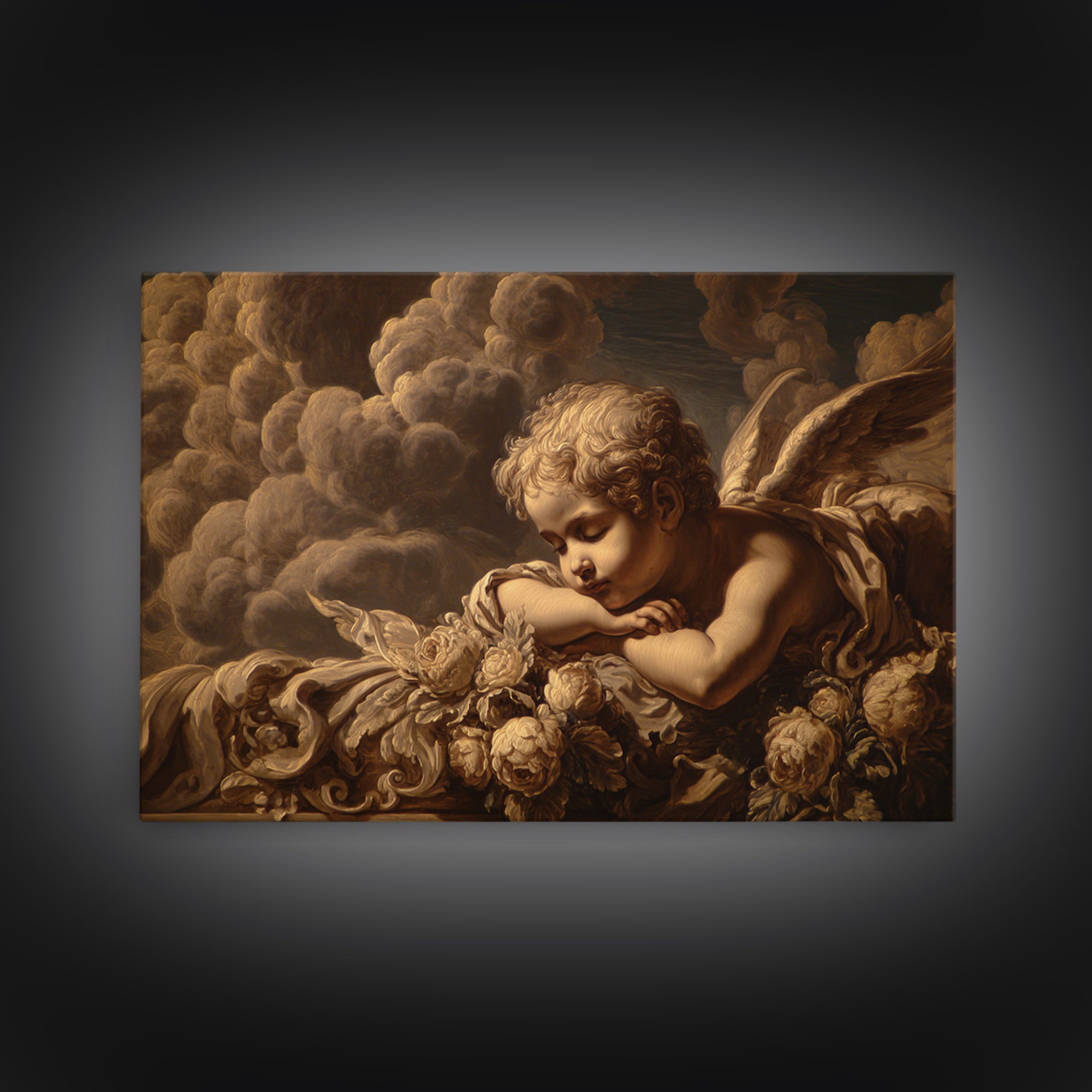 Cherub Holding a Ribbon Among Clouds Framed Canvas Print, Renaissanceinspired Art, Cat Art, Living Room Decor, Oil Painting, REN-3x2-82