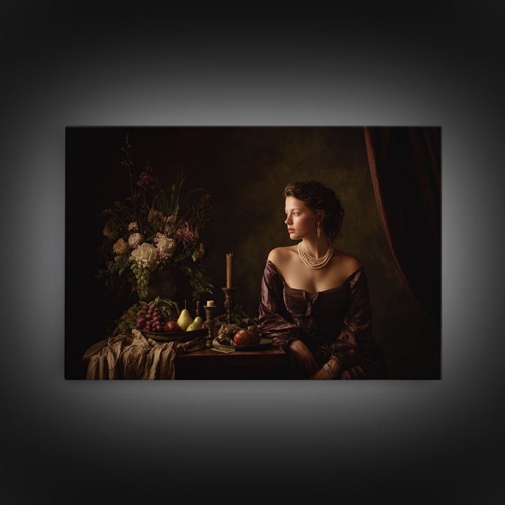 Portrait with Pearl Necklace and Velvet Dress Canvas Print, Renaissanceinspired Art, Living Room Art, Living Room Decor, REN-3x2-88