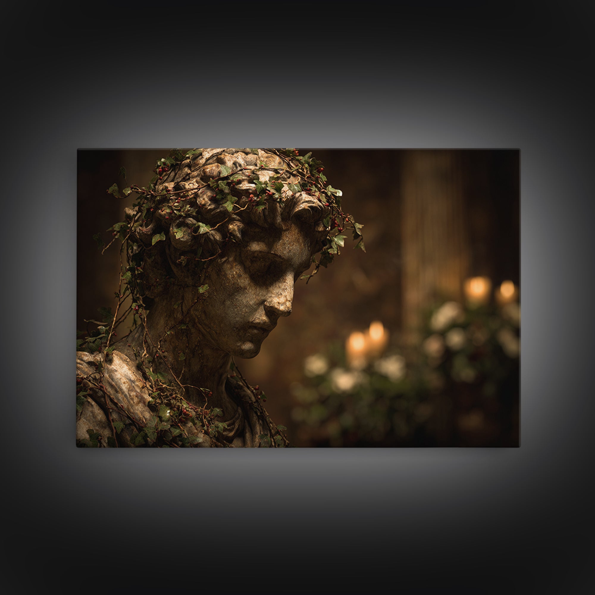 Classical Statue Bust Covered Framed Canvas Print, Renaissanceinspired Art, Floral Print, Living Room Decor, Fine Art, Classic, REN-3x2-95