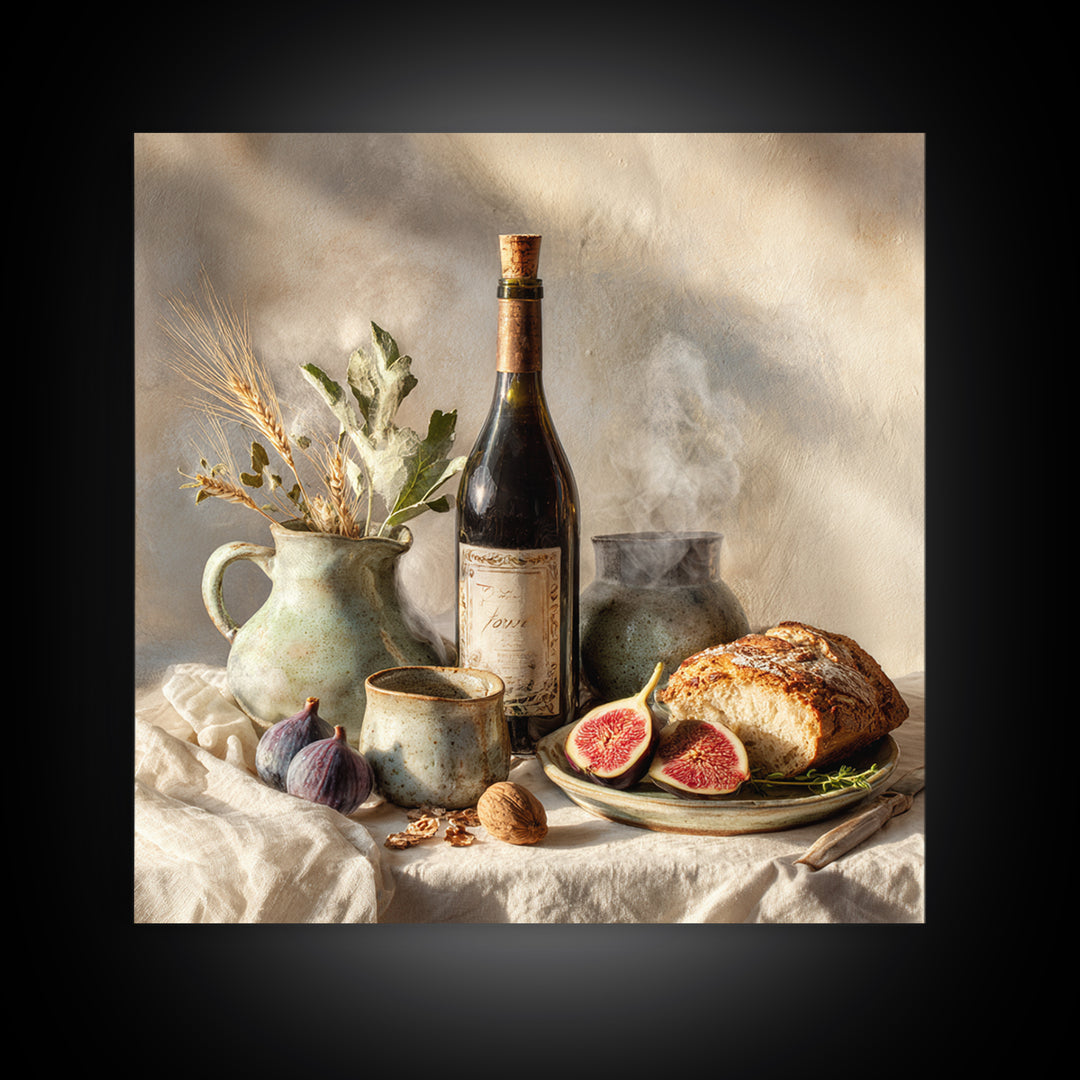 Wine Bottle and Figs Framed Canvas Print, Restaurant Art, Modern Decor, Restaurant Decor, Fine Art, Bistro, Poster, Wall Decor, RES-1x1-1