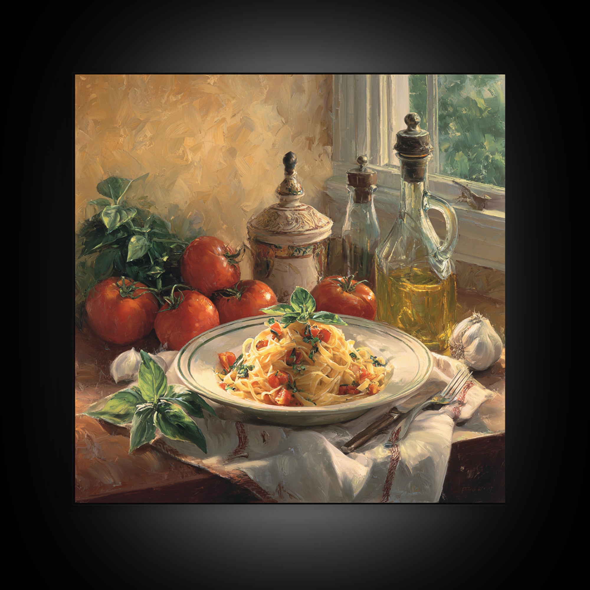 Fresh Pasta with Tomatoes and Basil Framed Canvas Print, Restaurant Art, Canvas Print, Restaurant Decor, Fine Art, Bistro, RES-1x1-2