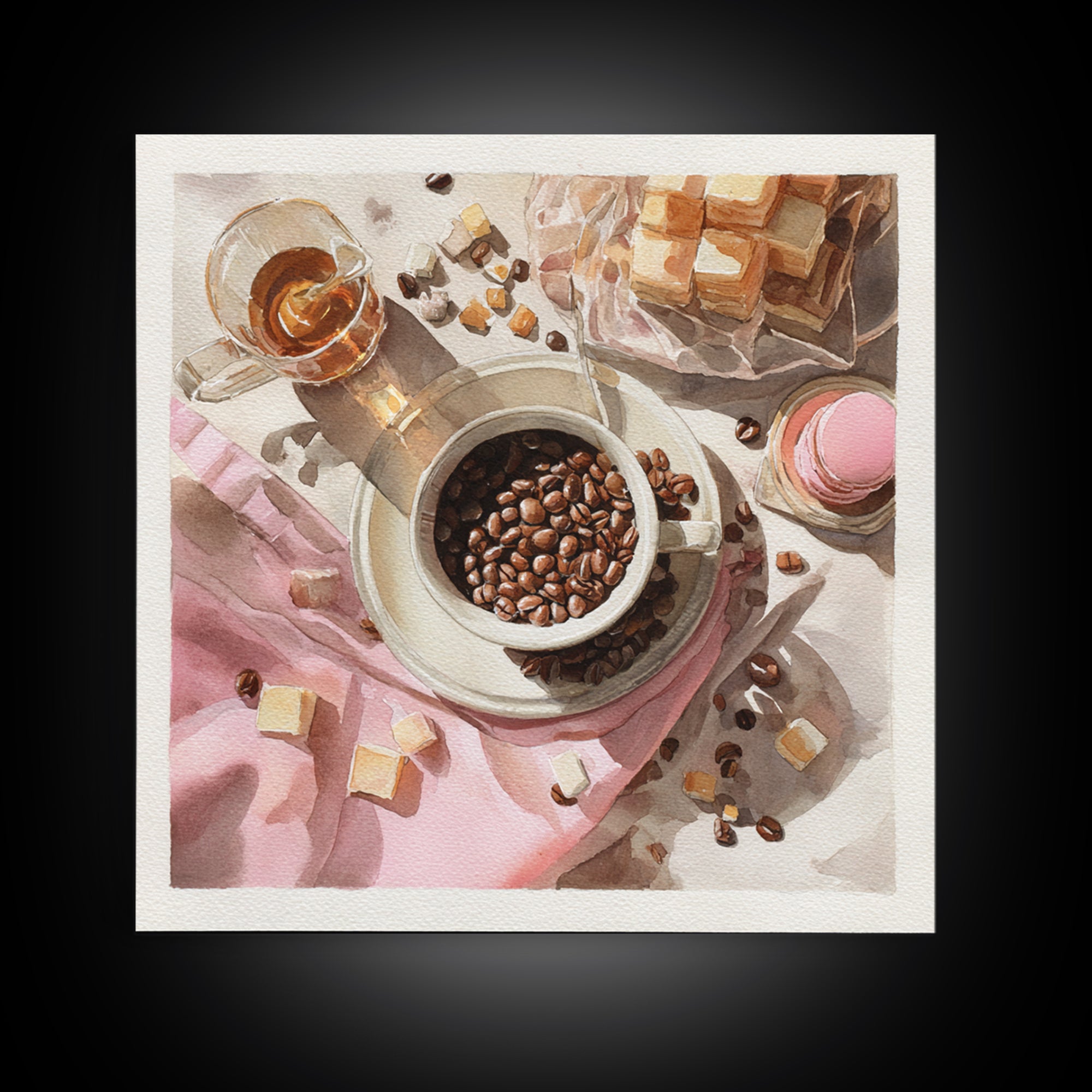 Coffee Beans and Pastry Arrangement Canvas Print, Restaurant Art, Watercolor Painting, Restaurant Decor, Oil Painting, Bistro, RES-1x1-22