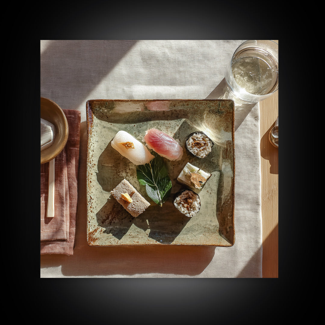 Sushi Fish and Ceramic Plate Composition Framed Canvas Print, Restaurant Art, Textured Painting, Restaurant Decor, Bistro, RES-1x1-29