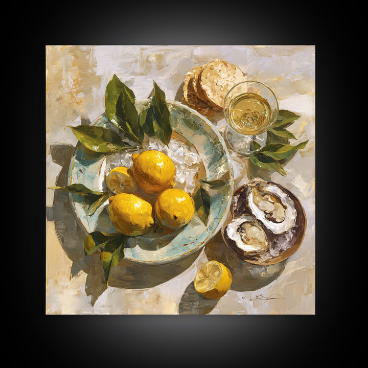 Oyster Platter with Lemons and Champagne Canvas Print, Restaurant Art, Kitchen Wall Art, Restaurant Decor, Abstract Art, Bistro, RES-1x1-3