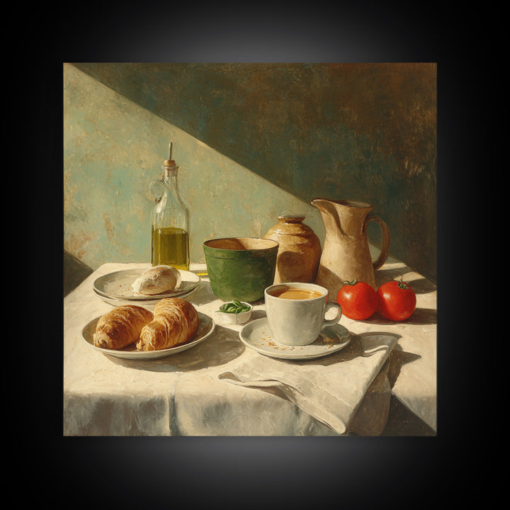 French Bistro Coffee and Croissant Still Life Canvas Print, Restaurant Art, Food Art, Restaurant Decor, Oil Painting, Bistro, RES-1x1-30
