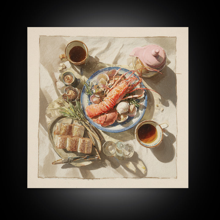 Seafood Lobster and Shell Arrangement Framed Canvas Print, Restaurant Art, Gallery Decor, Restaurant Decor, Fine Art, Bistro, RES-1x1-32