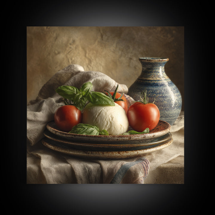 Pizzeria Tomato Basil and Mozzarella Still Life Framed Canvas Print, Restaurant Art, Bar Decor, Restaurant Decor, RES-1x1-34