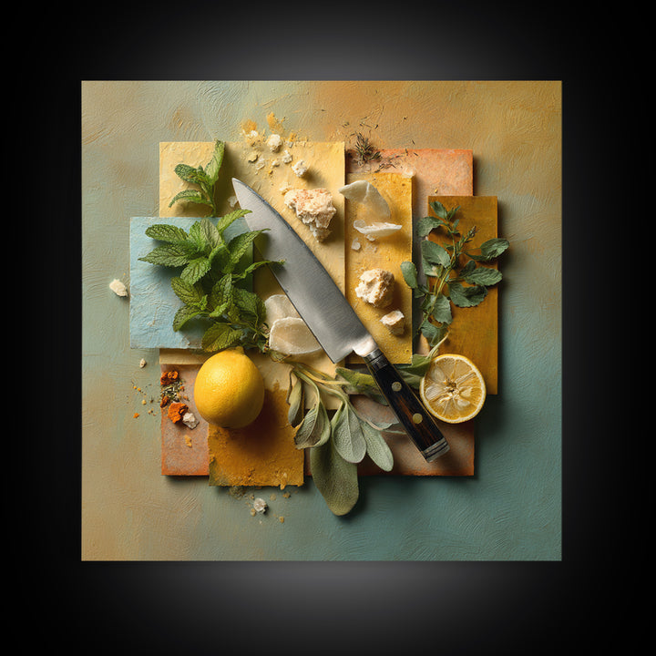 Chef Knife Herbs and Cutting Board Still Framed Canvas Print, Restaurant Art, Boho Decor, Restaurant Decor, Oil Painting, RES-1x1-37