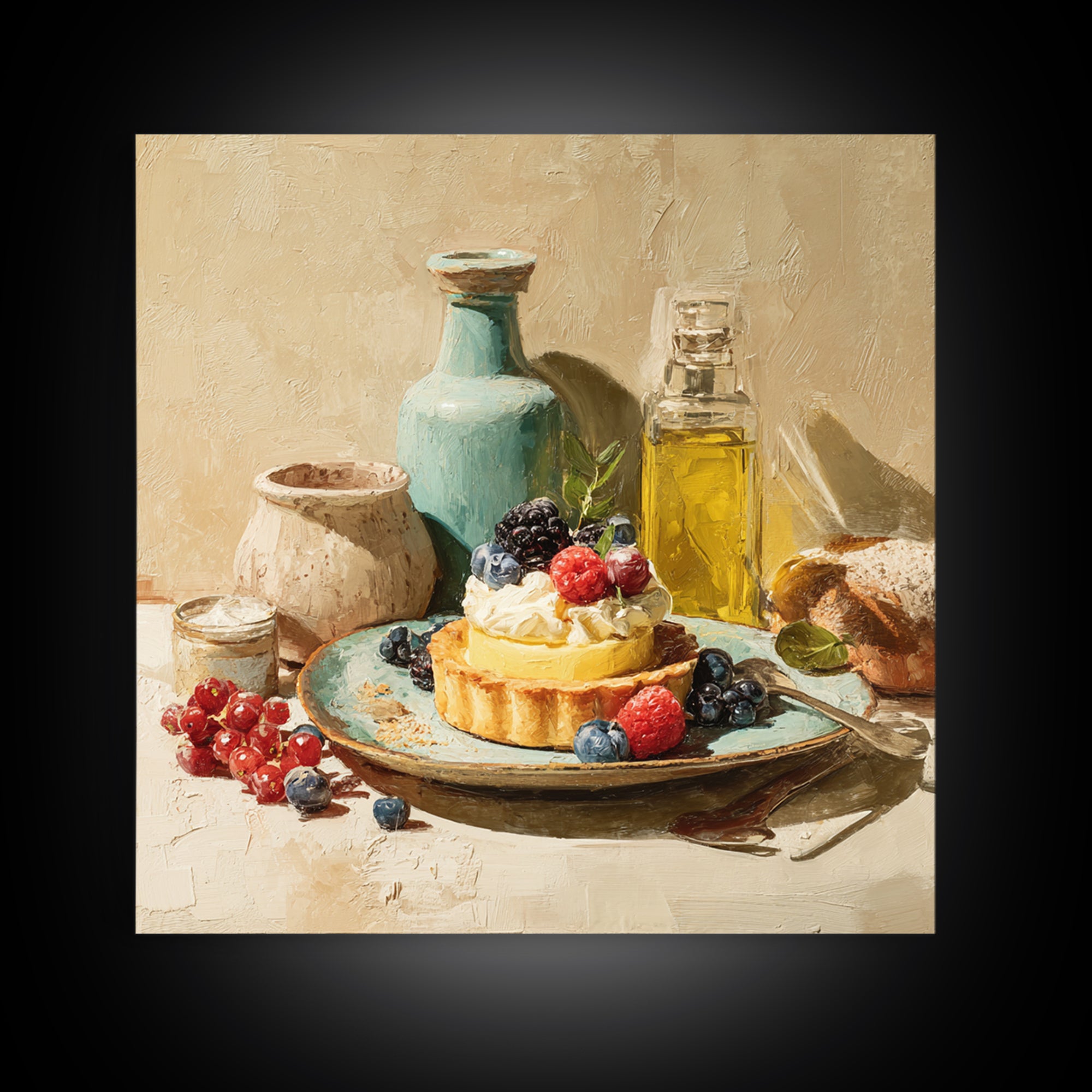 Dessert Tart with Berries and Cream Framed Canvas Print, Restaurant Art, Room Decor, Restaurant Decor, Fine Art, Bistro, RES-1x1-40