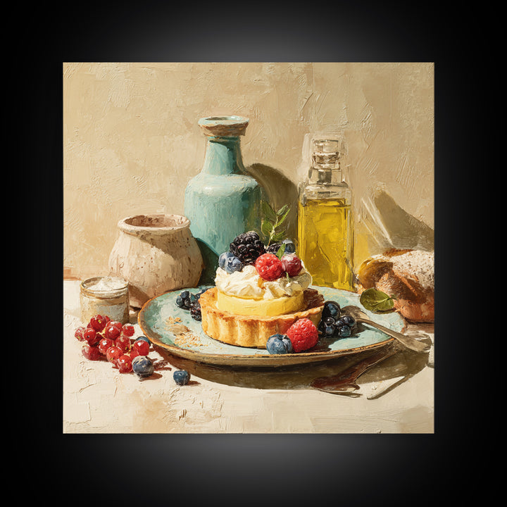 Dessert Tart with Berries and Cream Framed Canvas Print, Restaurant Art, Room Decor, Restaurant Decor, Fine Art, Bistro, RES-1x1-40