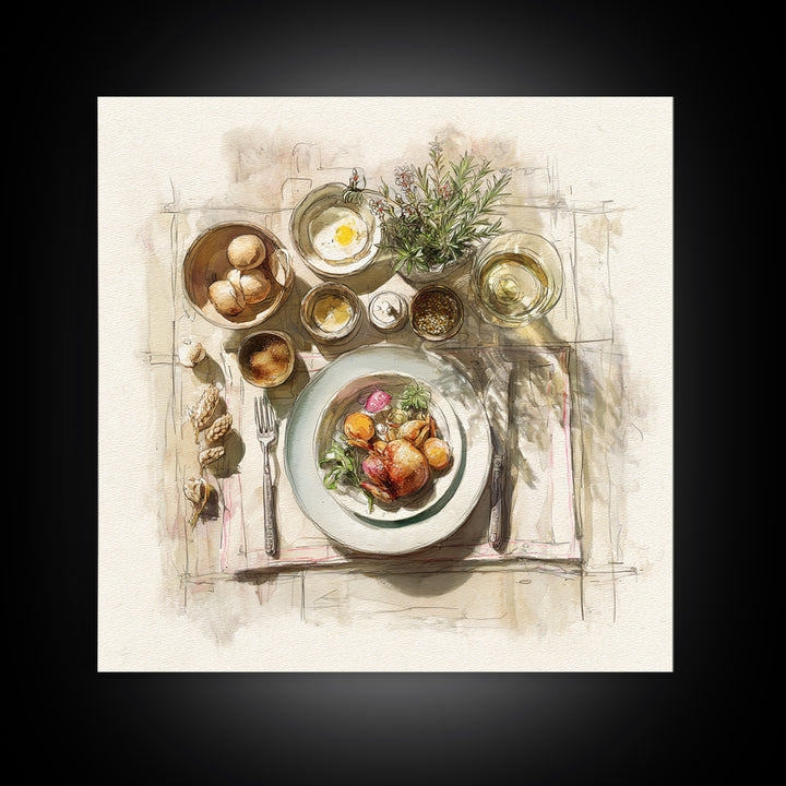 Rooster and Herbs for Farmhouse Restaurant Mood Framed Canvas Print, Restaurant Art, Kitchen Decor, Restaurant Decor, Bistro, RES-1x1-44