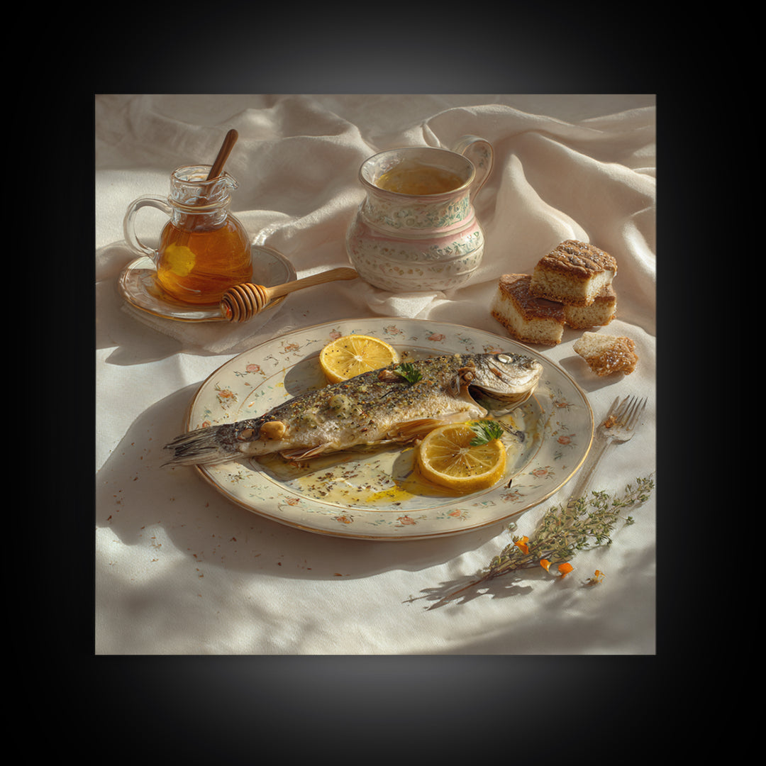 Fresh Fish with Lemon and Herbs Framed Canvas Print, Restaurant Art, Kitchen Art, Restaurant Decor, Fine Art, Bistro, RES-1x1-47