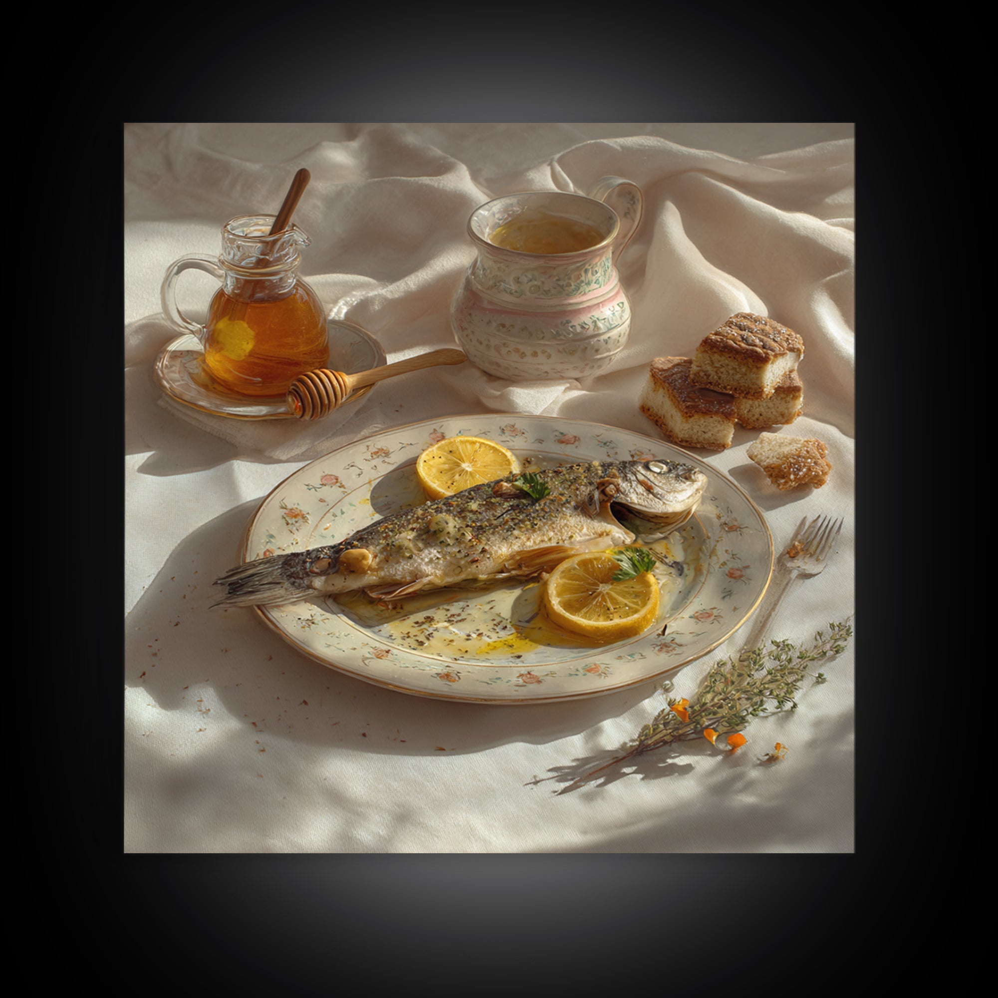 Fresh Fish with Lemon and Herbs Framed Canvas Print, Restaurant Art, Kitchen Art, Restaurant Decor, Fine Art, Bistro, RES-1x1-47