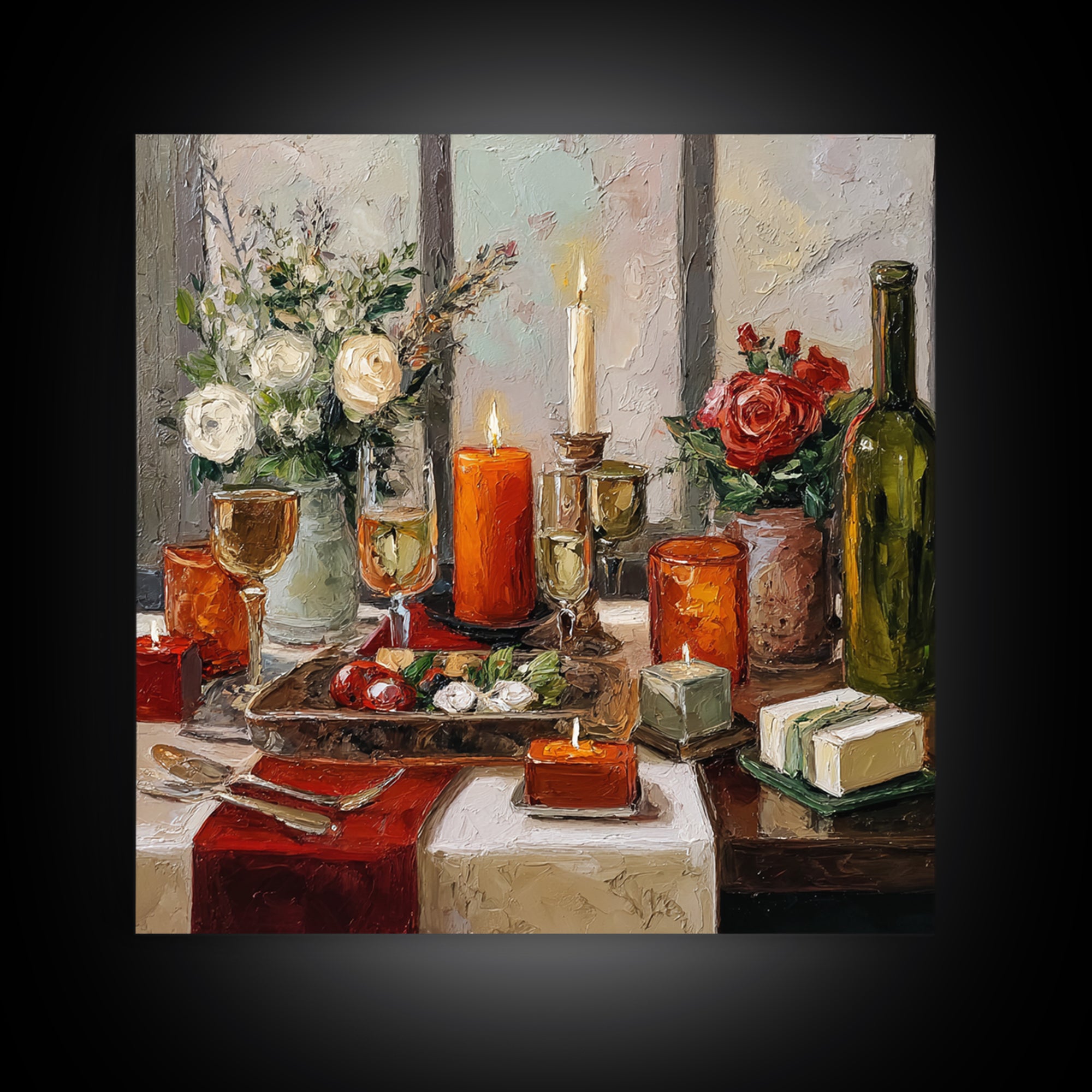 Elegant Table Objects Framed Canvas Print, Restaurant Art, Wall Decor, Restaurant Decor, Oil Painting, Bistro, Farmhouse Decor, RES-1x1-48