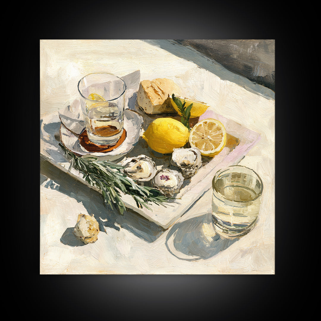 Oyster Platter with Lemons and Champagne Framed Canvas Print, Restaurant Art, Food Art, Restaurant Decor, Oil Painting, Bistro, RES-1x1-51