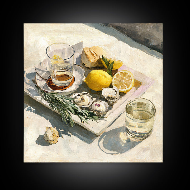 Oyster Platter with Lemons and Champagne Framed Canvas Print, Restaurant Art, Food Art, Restaurant Decor, Oil Painting, Bistro, RES-1x1-51