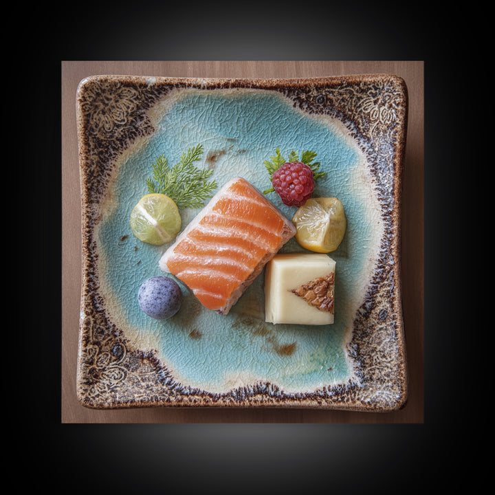 Sushi Fish and Ceramic Plate Composition Framed Canvas Print, Restaurant Art, Textured Painting, Restaurant Decor, Bistro, RES-1x1-53