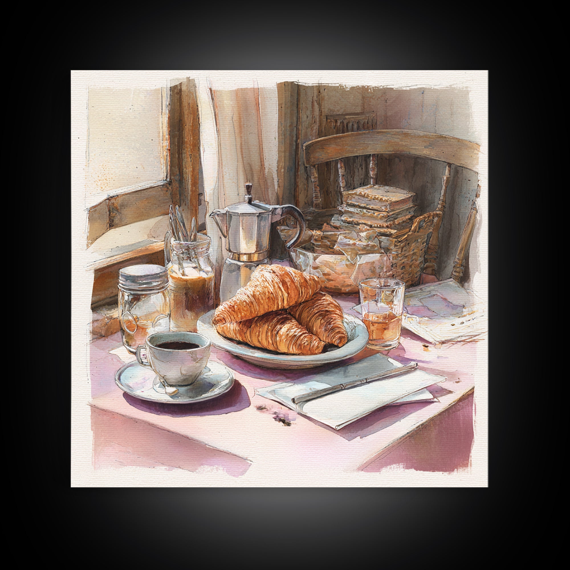 French Bistro Coffee and Croissant Still Life Canvas Print, Restaurant Art, Food Art, Restaurant Decor, Oil Painting, Bistro, RES-1x1-54
