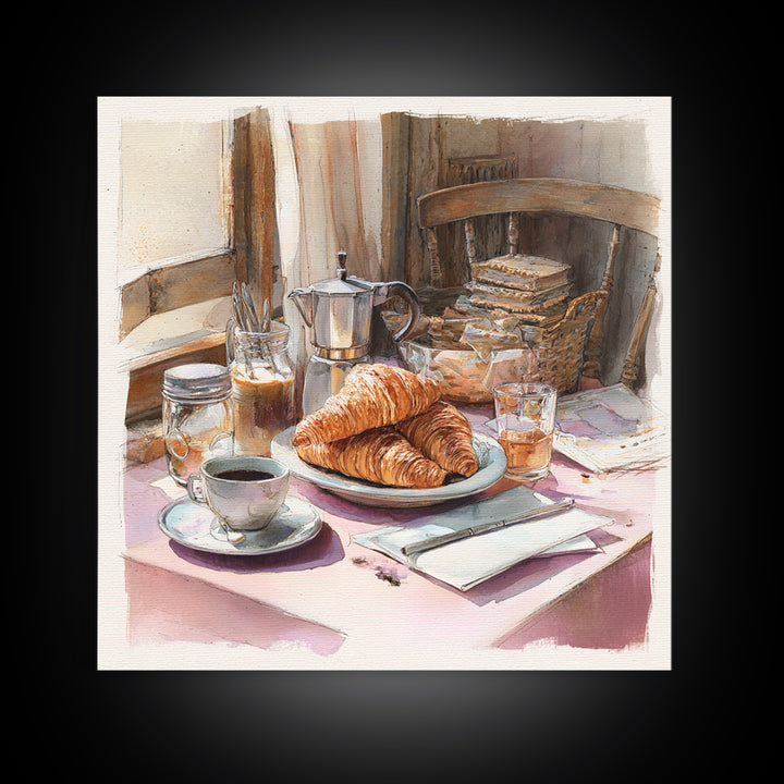 French Bistro Coffee and Croissant Still Life Canvas Print, Restaurant Art, Food Art, Restaurant Decor, Oil Painting, Bistro, RES-1x1-54